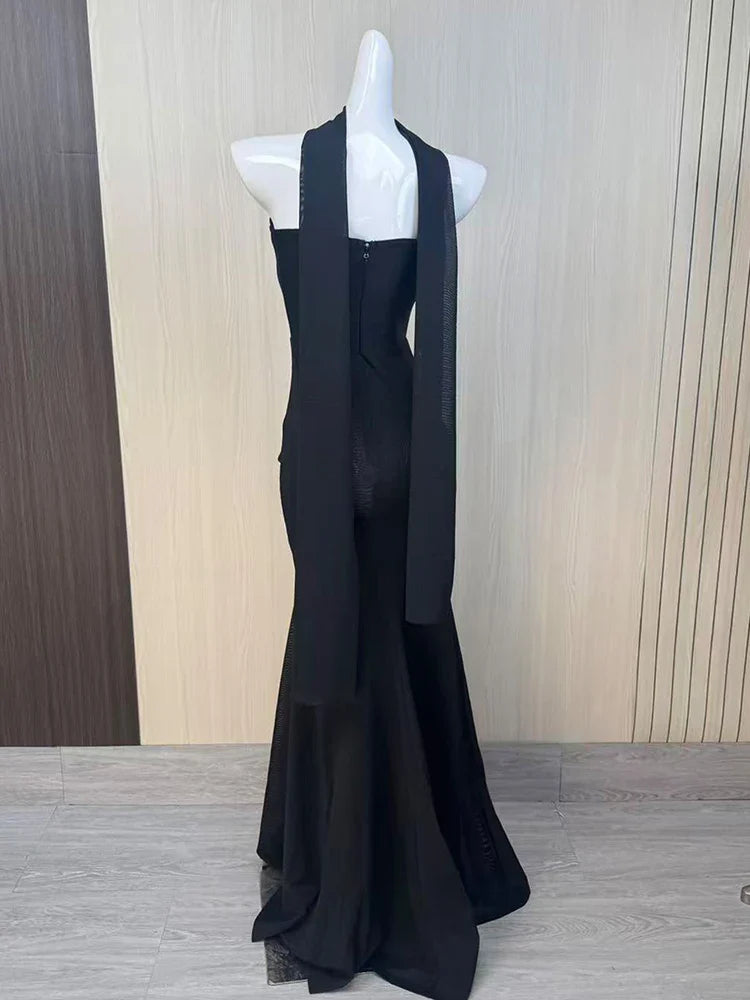 Black Strapless Draped Patchwork Maxi Dress