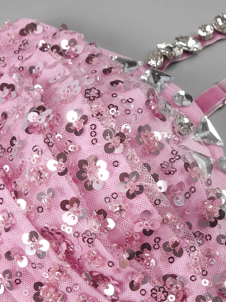 Pink Crystal Sequin Slip Gown | Sweetheart Neck Spaghetti Strap