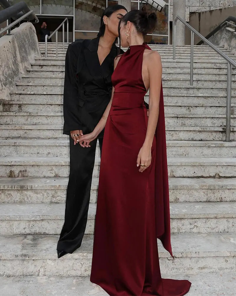 Burgundy Satin Halter Gown | Elegant Open-Back Evening Dress
