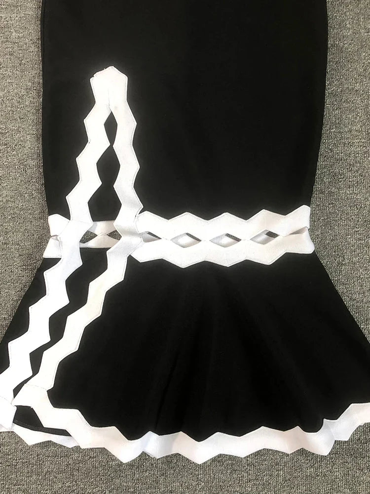 Black & White Strapless Patchwork Midi Dress | Split Bandage Evening Gown