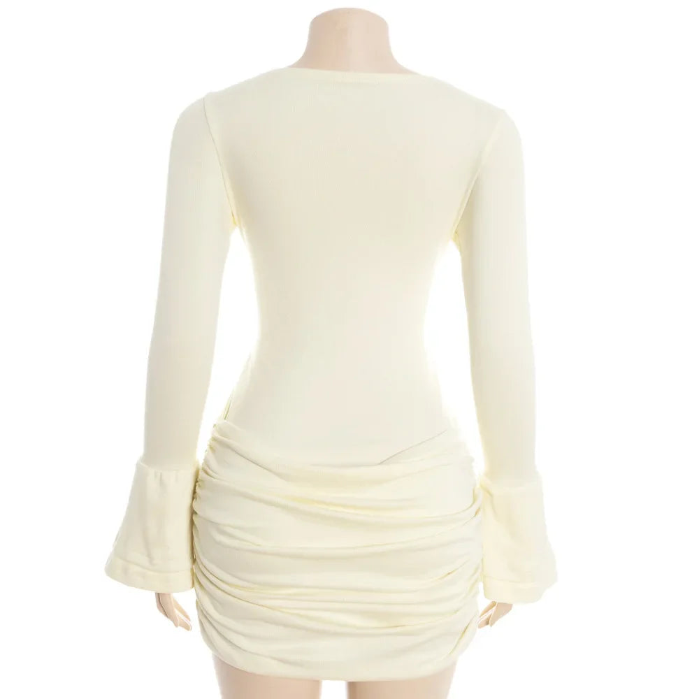 Yellow Ruched Hem Long Sleeve Mini Dress