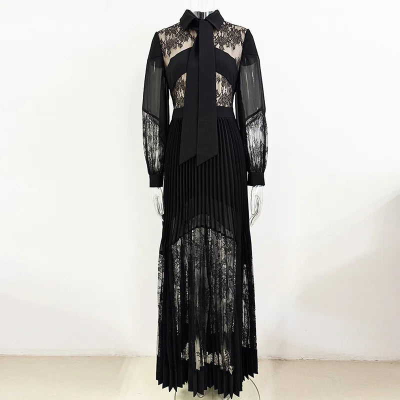 Black Embroidery Lace Long Sleeve Maxi Formal Dress