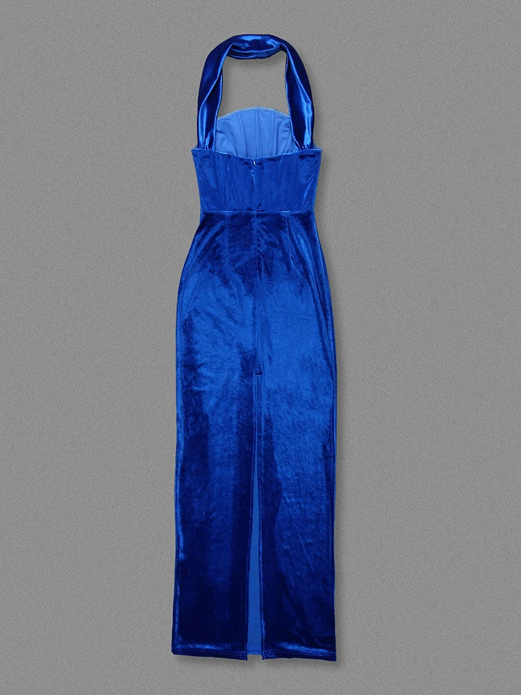 Blue Velvet Strapless Pleated Dress | Backless Bodycon Gown
