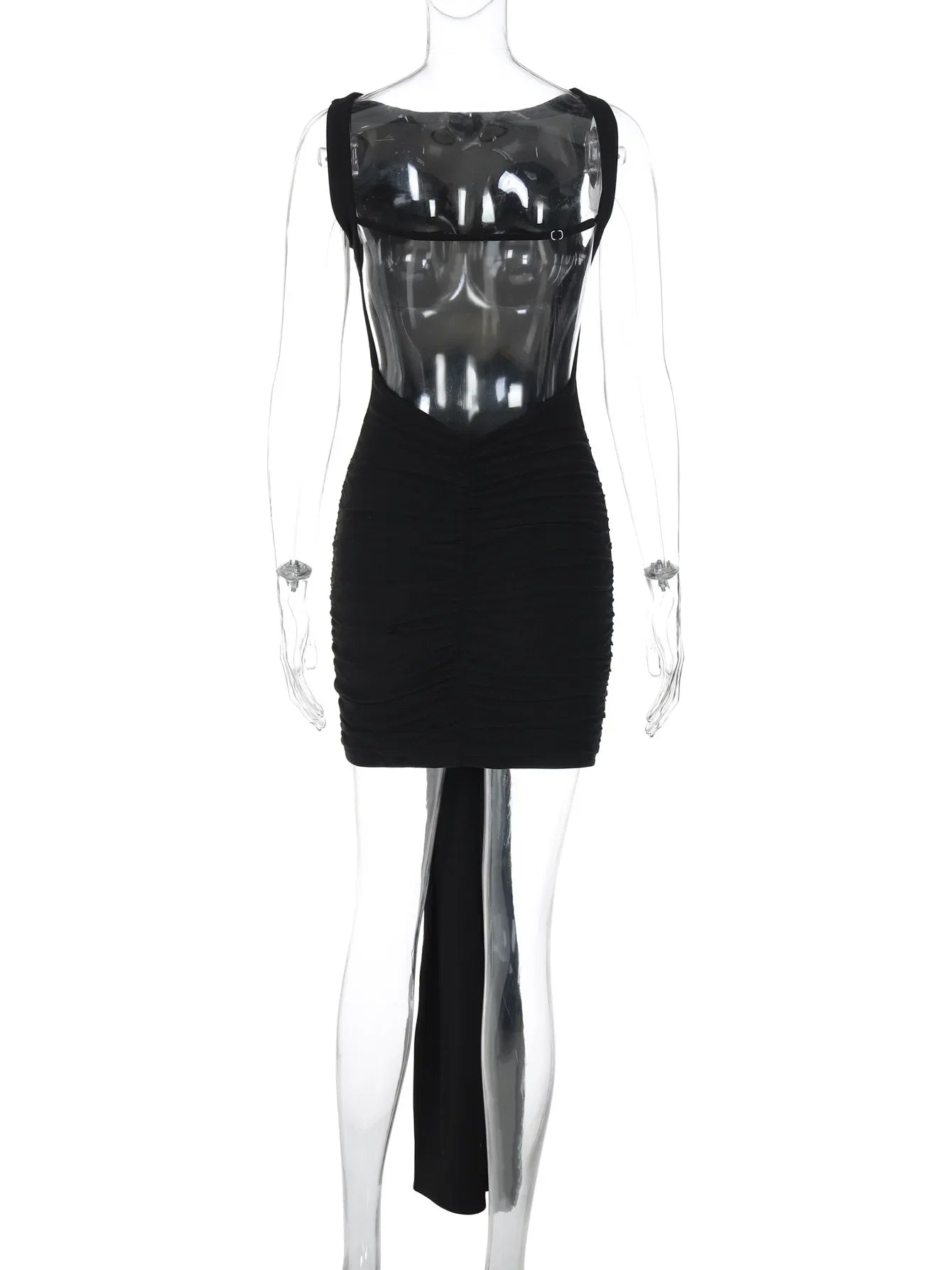 Black Open Back Drape Waist Metal Applique Mini Dress