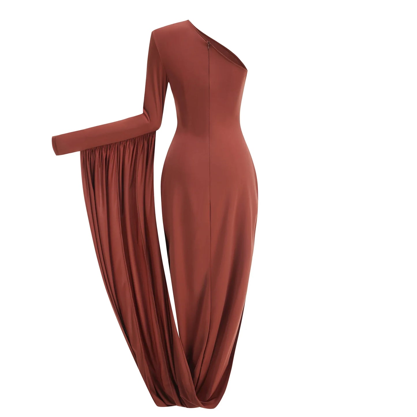 Brown One Shoulder Drape Folds Maxi Dress