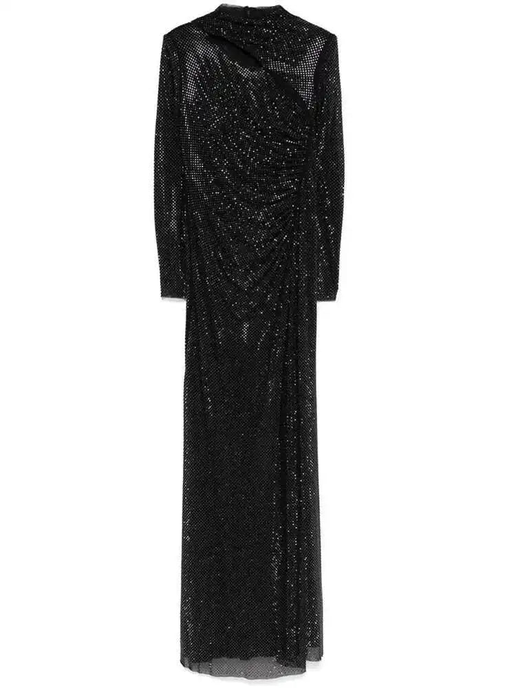 Elegant Slim Pleated Diamond Long Dress