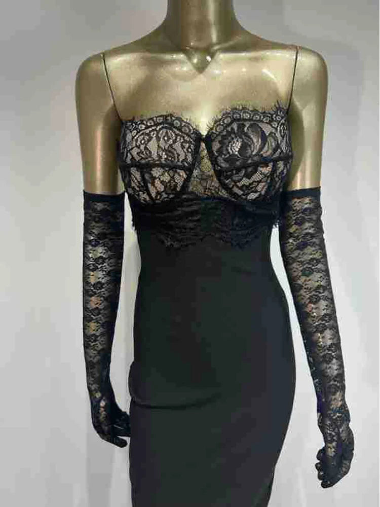 Black Strapless Lace Patchwork Dress | Bodycon Evening Gown