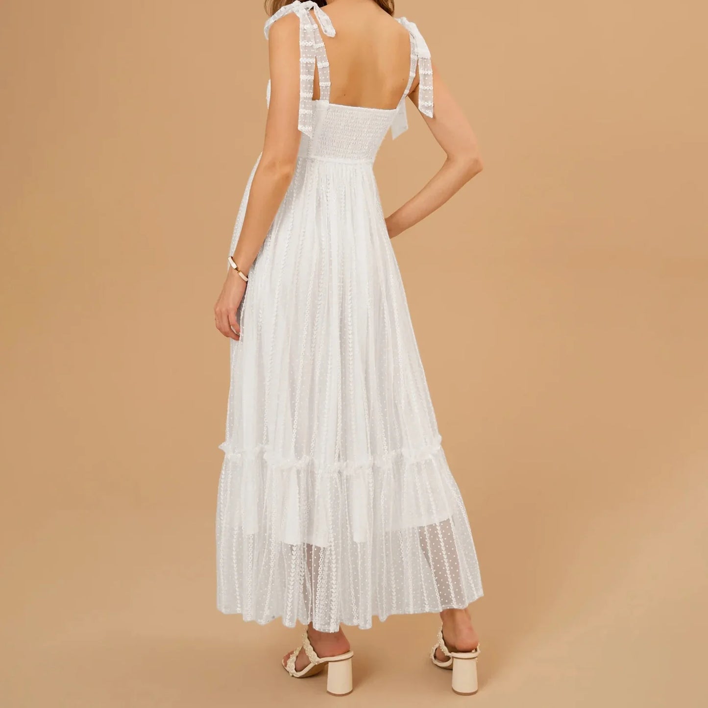 White Sleeveless Dress - Tie-Up Straps Dot Print Embroidery Tulle Party Dress