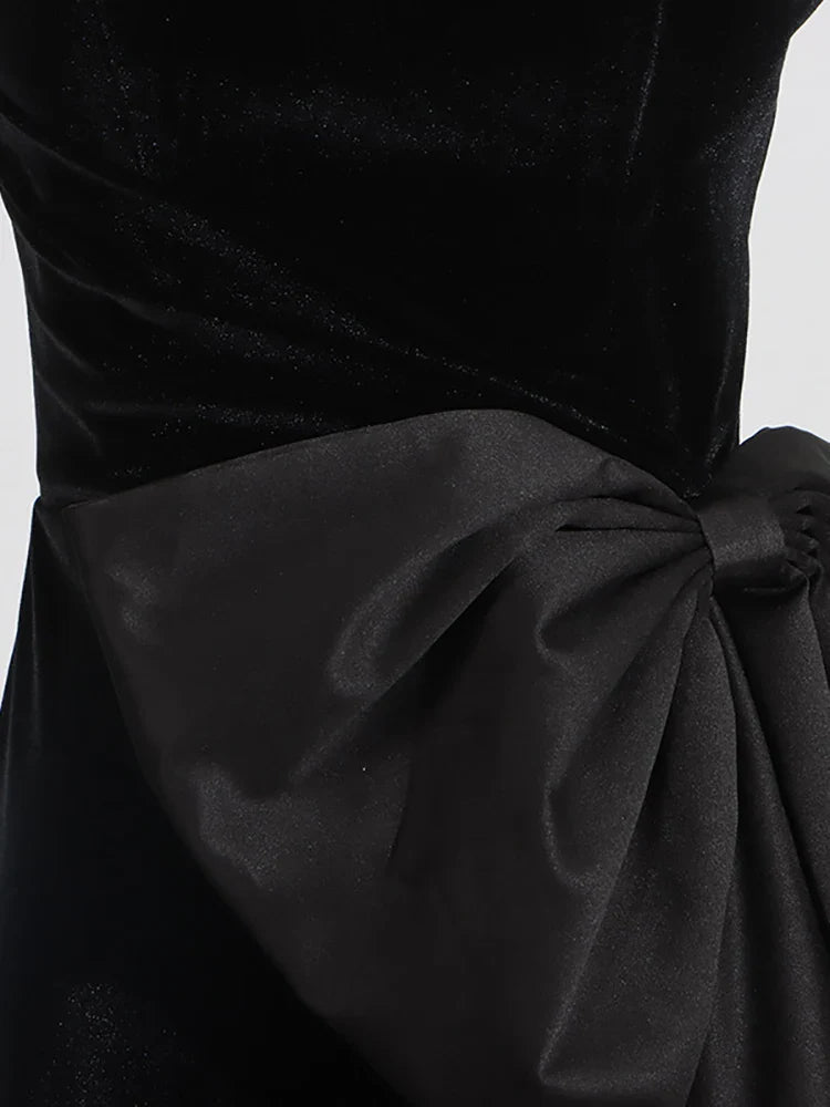 Black Velvet Strapless Bow Dress | Split Mid-Calf Evening Gown