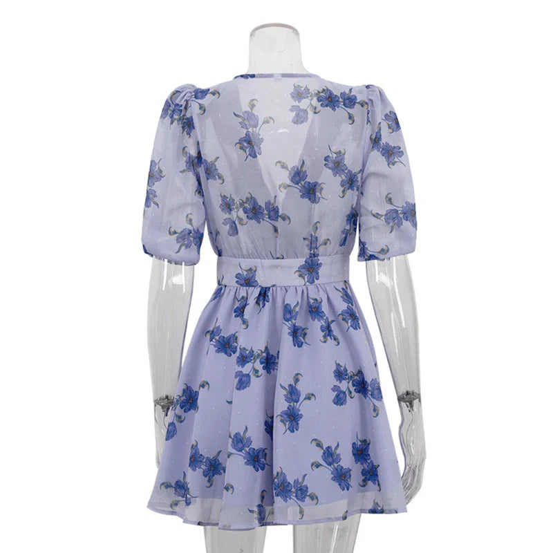Blue Floral V-Neck Puff Sleeve Mini Dress | Pleated High Waist Chiffon