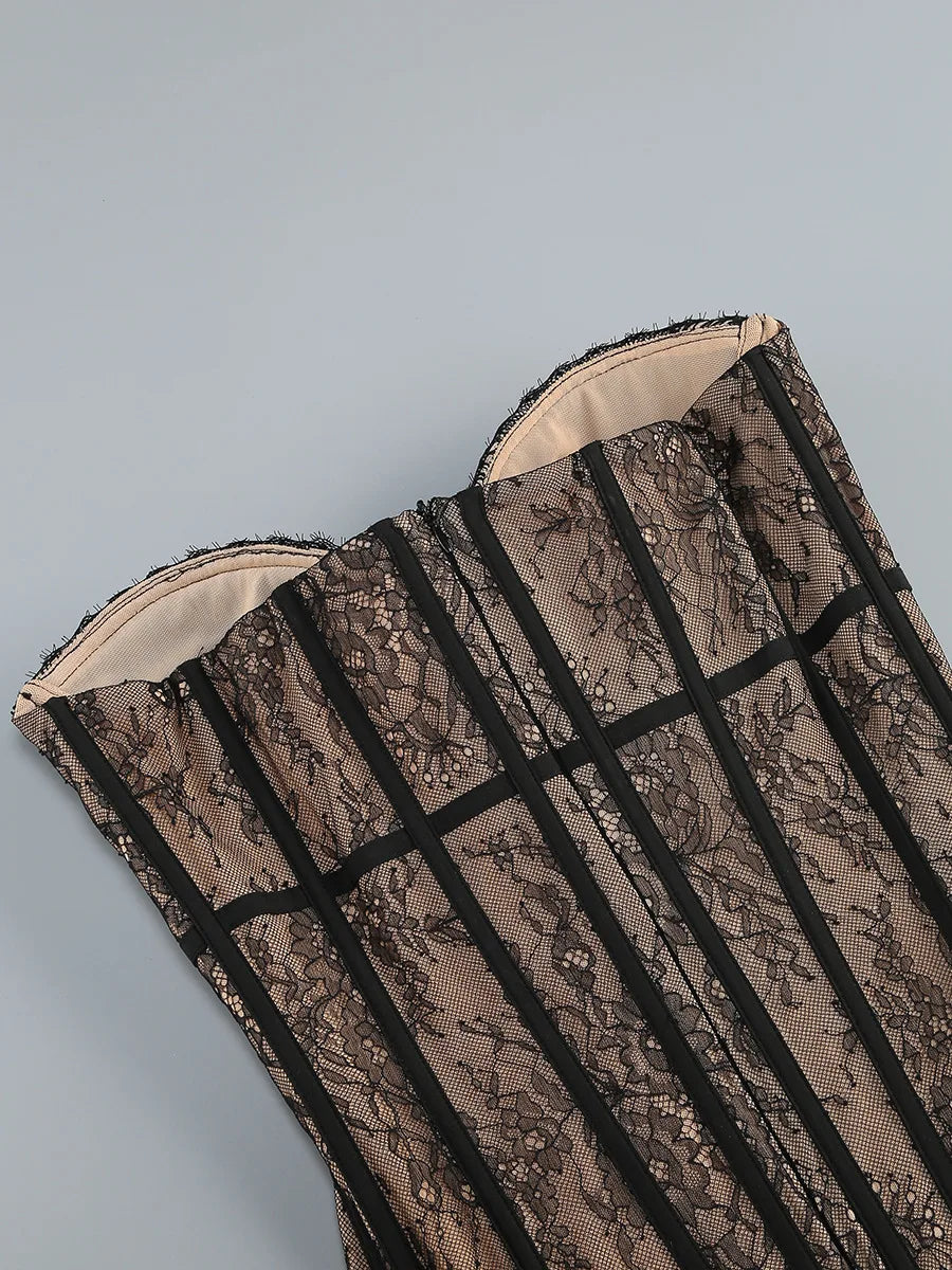 Lace Corset Mesh Maxi Dress with Detachable Hem