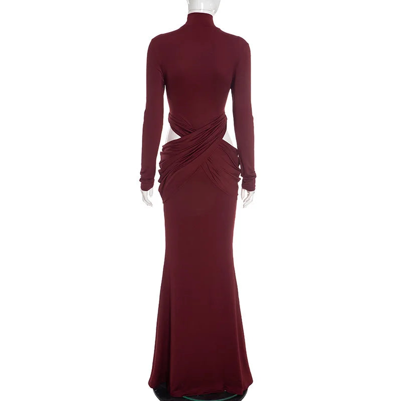 Red Twisted-Waist Draped Turtleneck Evening Gown