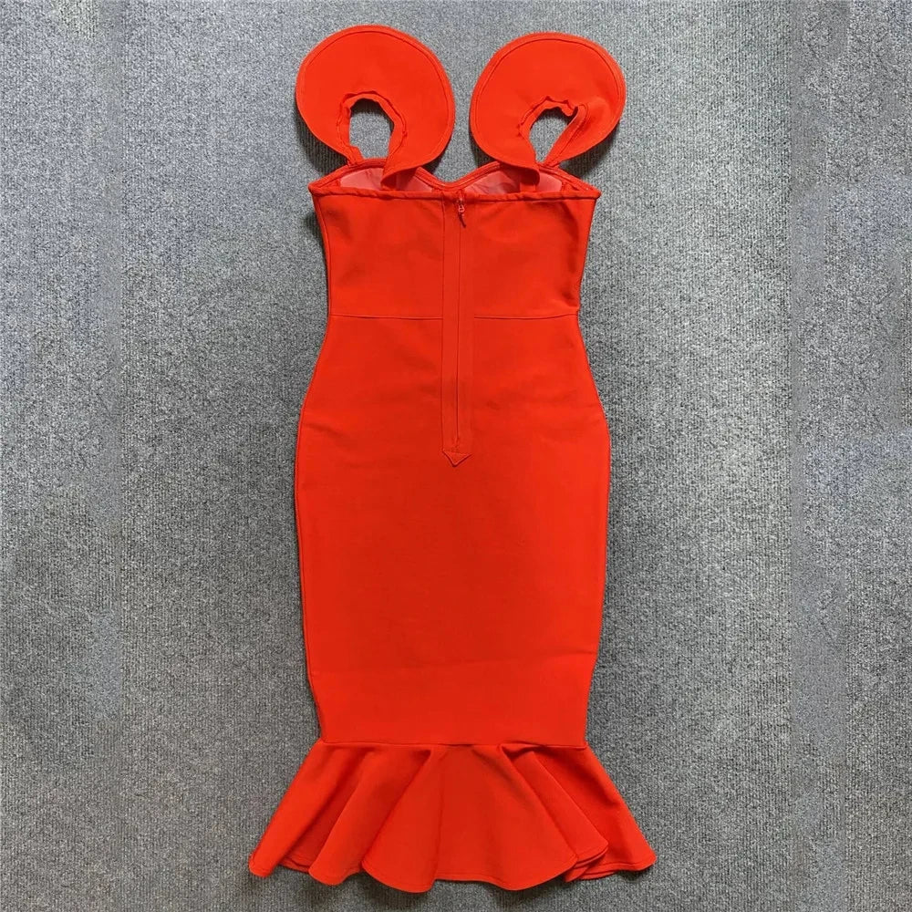 Red Bandage Trumpet Dress - Ruffles Sleeveless Club & Party Wear