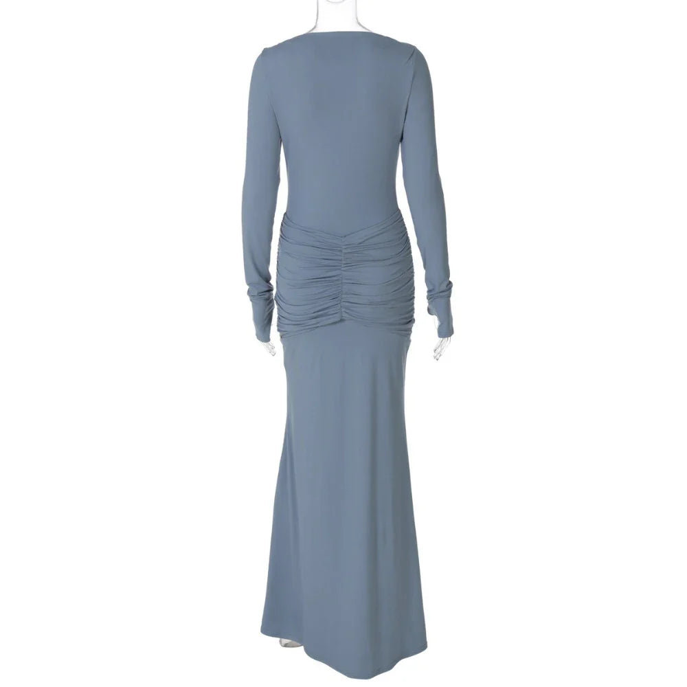 Grey Full Sleeve Bandage Gown | Elegant Slim Fit Autumn Edit