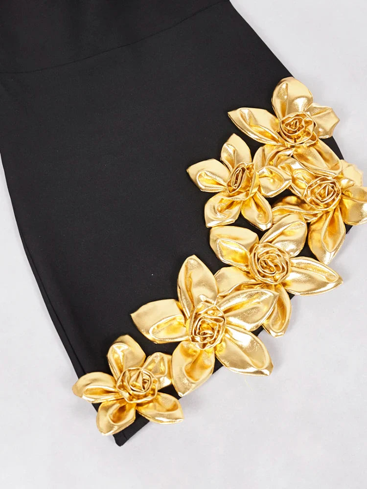 Black Square Neck Gold Flowers Bandage Dress | Mini Gown