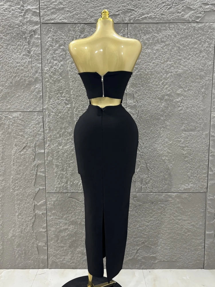 Black Diamond Flower Two-Piece Bodycon Long Dress