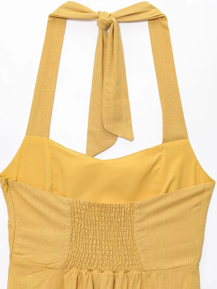 Yellow Halter Midi Dress | French-Inspired Backless Summer Look