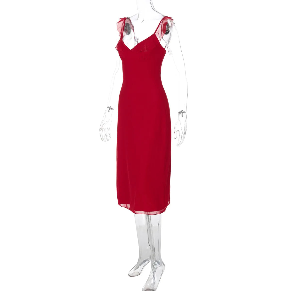 Deep V Red Lace Up Midi Sling Dress