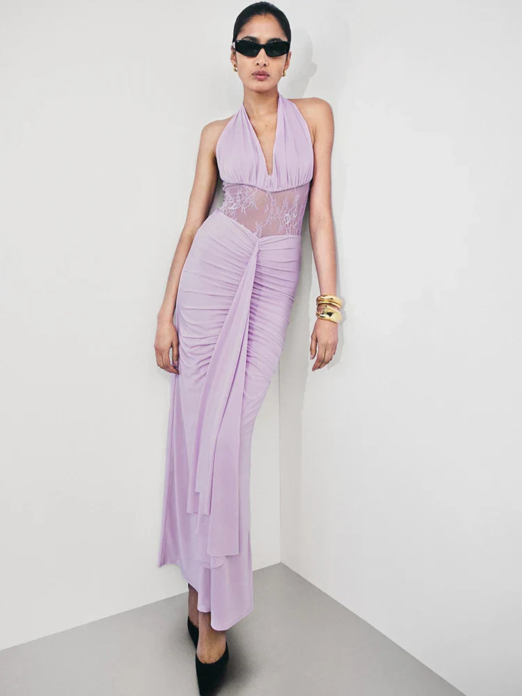 Lavender Halter Mesh Maxi Dress | Elegant Evening Gown
