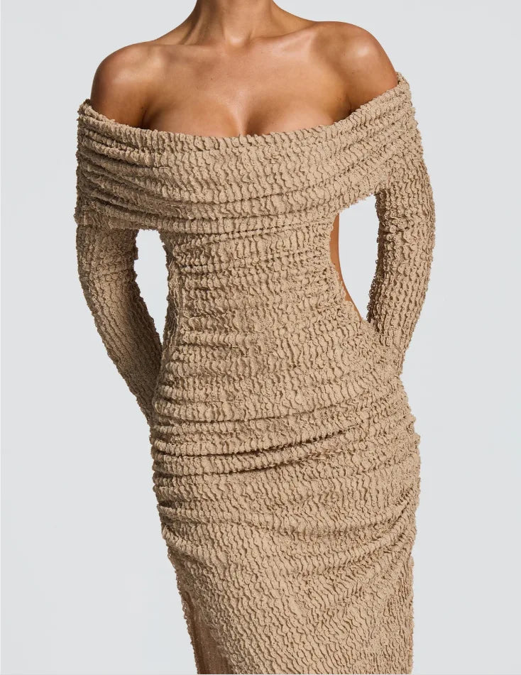 Off Shoulder Long Sleeve Textured Slit Maxi Dress