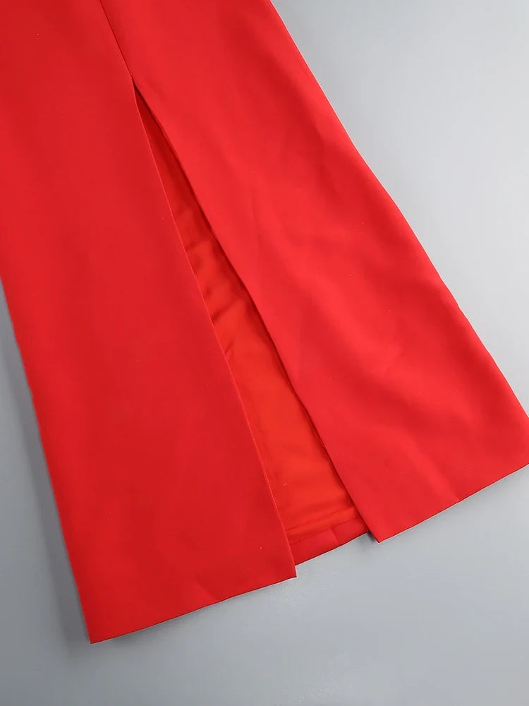 Red V-Neck Cutout Gown with Metal Heart Accent