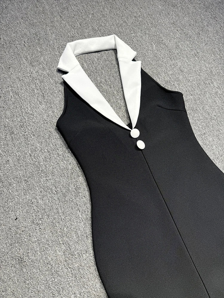 Black Contrast V Neck Button Bandage Maxi Dress