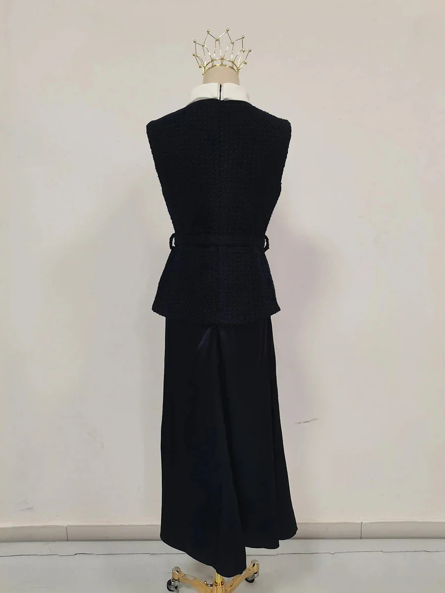 Navy Buttoned Skirt Set | Sleeveless Two-Piece Office Look