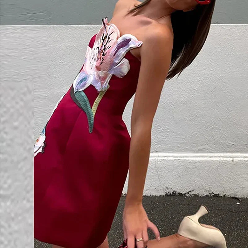 Strapless Floral A-Line Mini Dress – White/Red