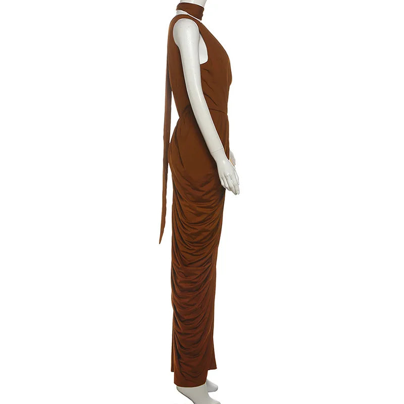 Cowl Neck Ruched Drape Maxi Dress With Scarf