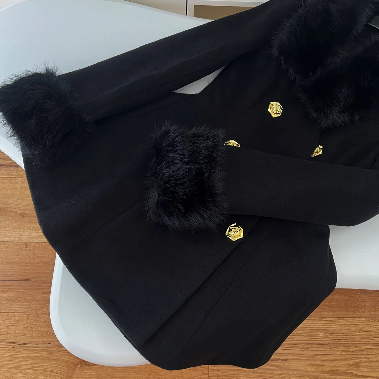 Faux Fur Collar Double-Breasted Wool Coat