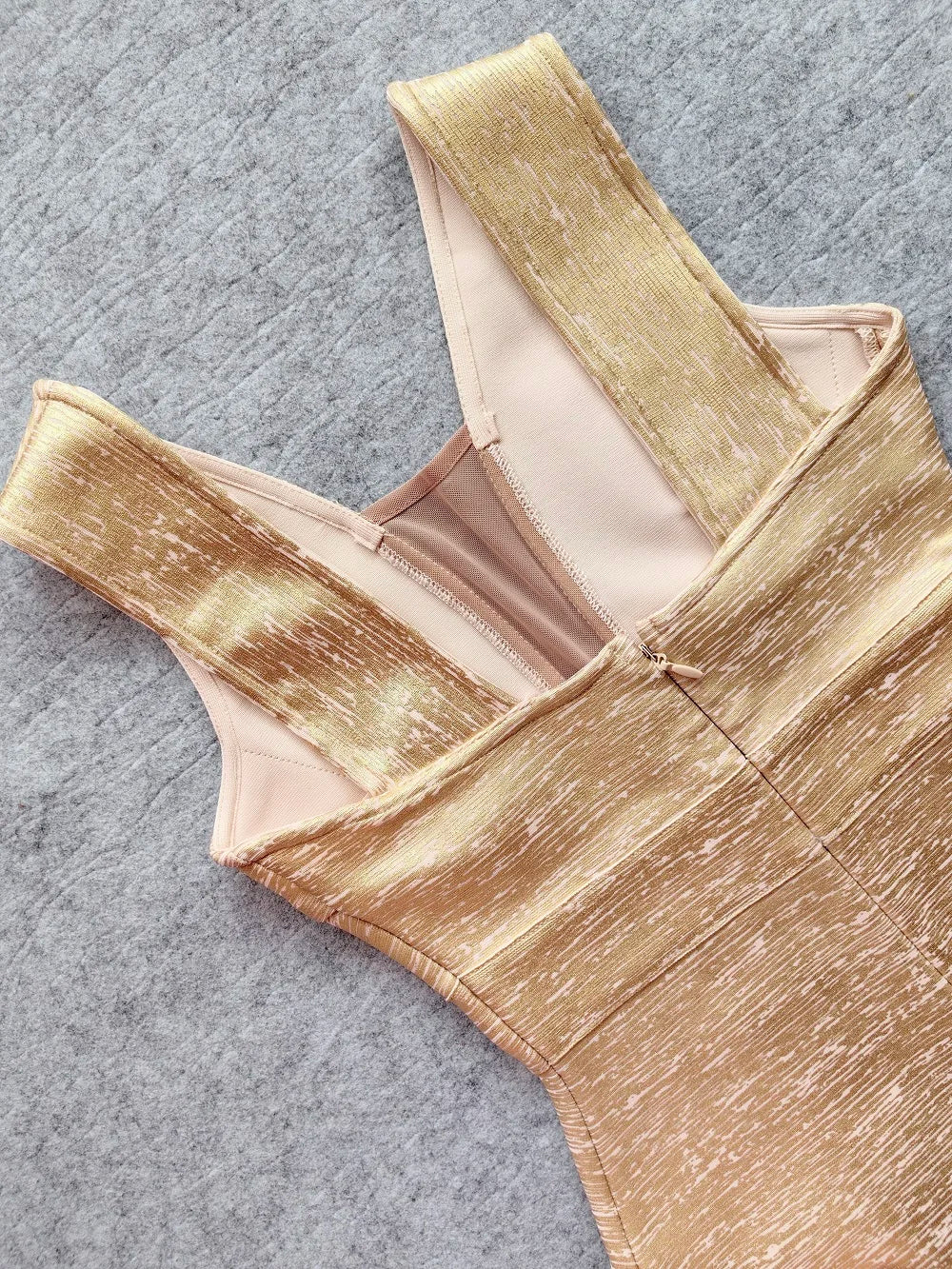 Gold Metallic Bandage Midi Dress | Plunge V Evening Silhouette