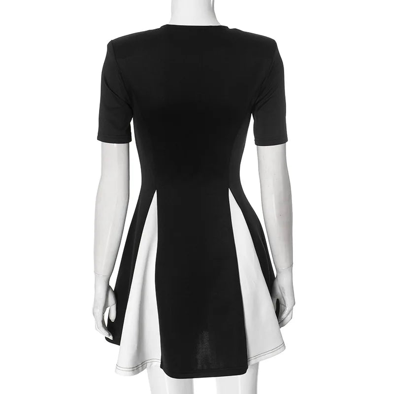 Black Color-block Round Neck Short Sleeve Mini Dress