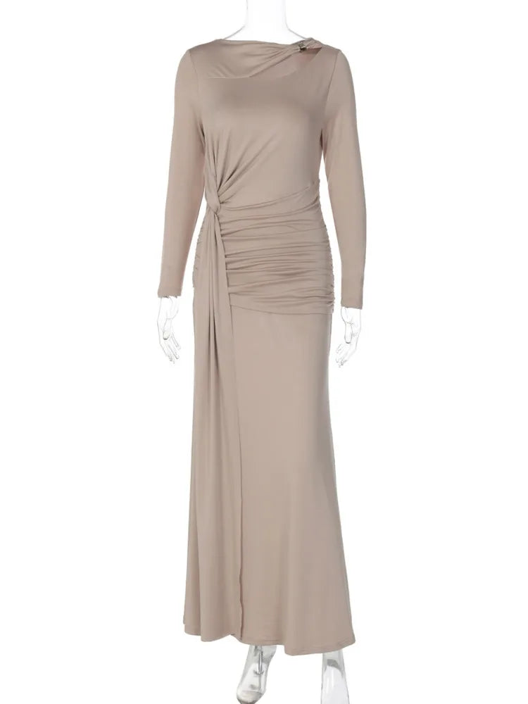 Light Blue Ruched Long Sleeve Maxi Dress – Elegant Autumn Club Gown