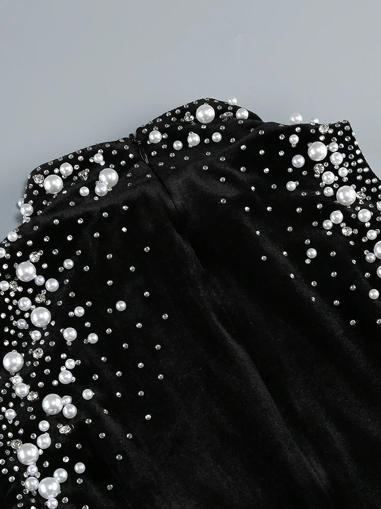Black Velvet Beaded Pearl Dress | Off Shoulder Elegant Gown