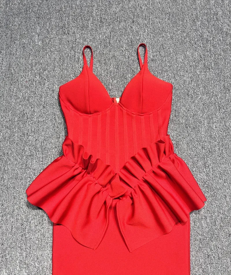 Red Ruffles V-Neck Maxi Bodycon Dress - Elegant Evening & Party Outfit
