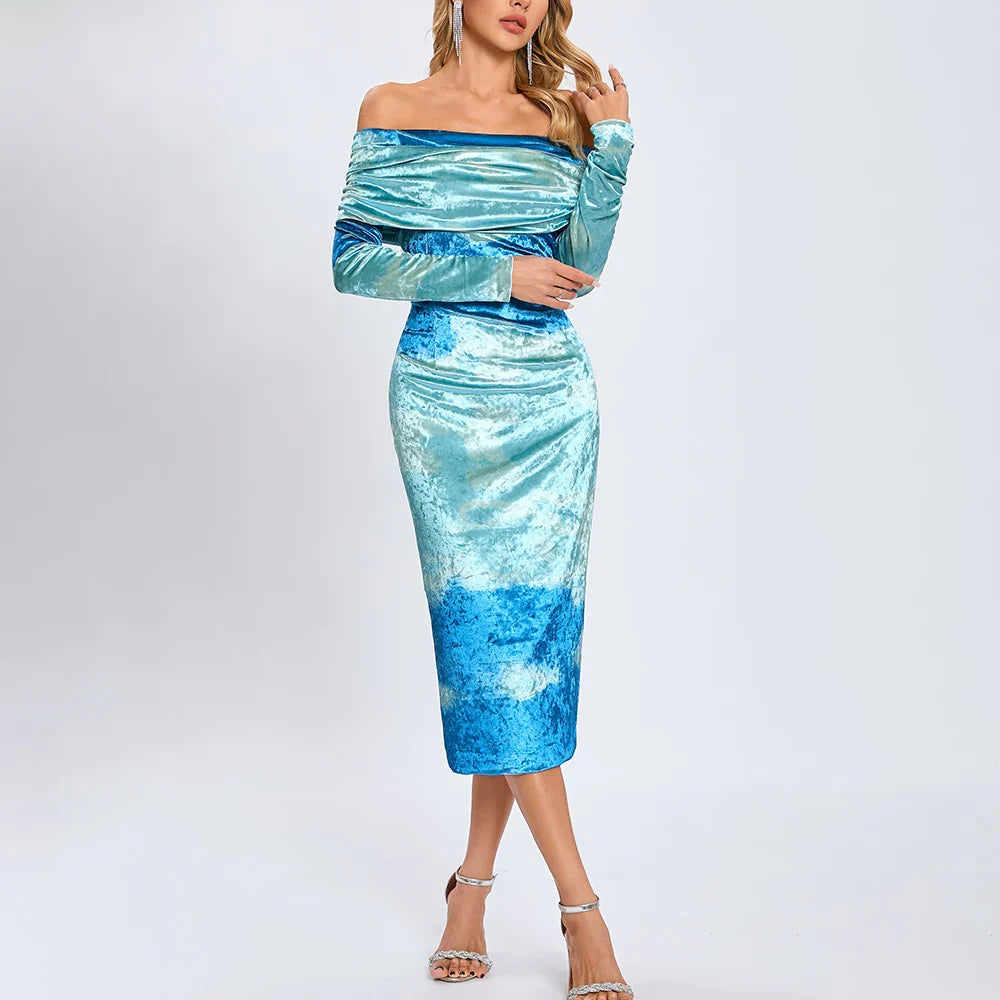 Blue Gradient Tie Dye Off Shoulder Midi Dress | Party Elegance