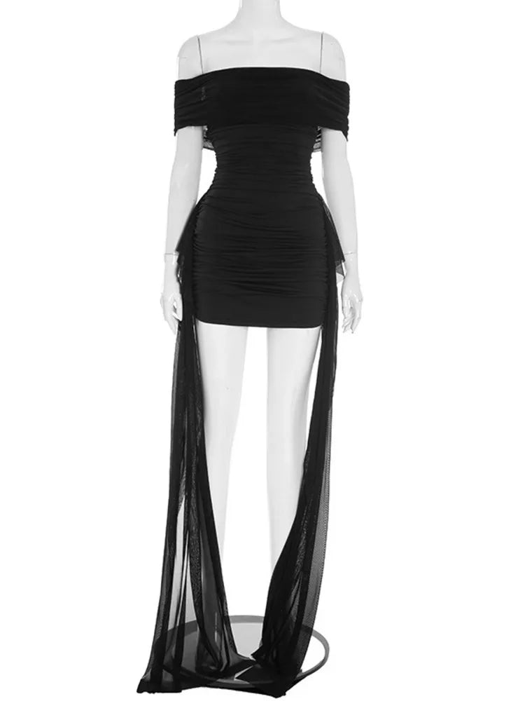 Black Strapless Ruched Mini Dress | Mesh Evening Outfit