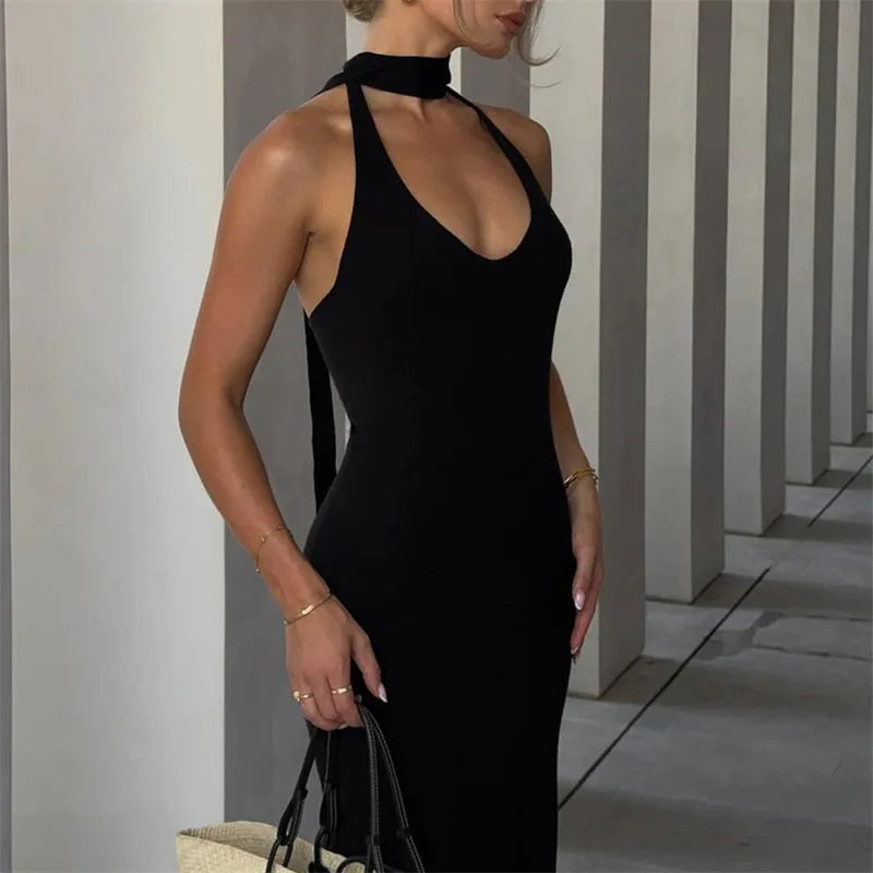 Black Halter Maxi Dress | Elegant Backless Evening Silhouette