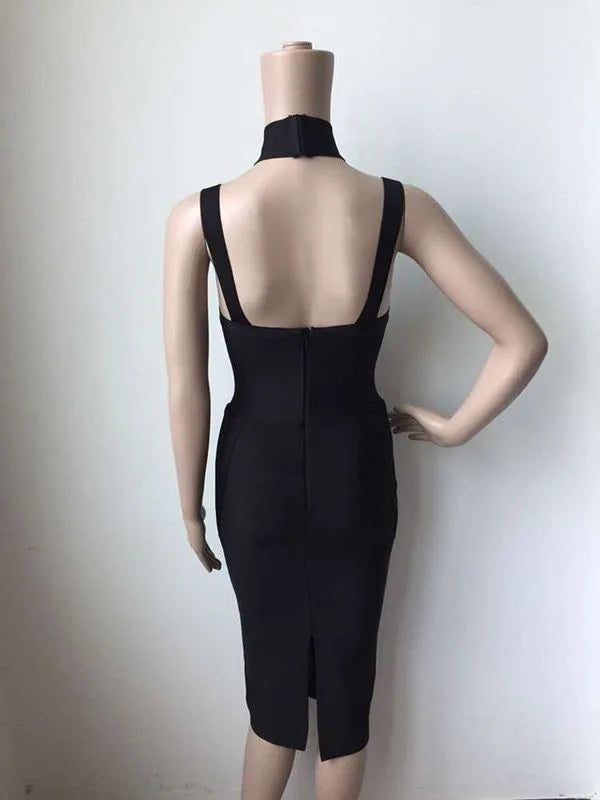 Halter Black Bandage Midi Dress | Sculpting Fit for Special Occasions