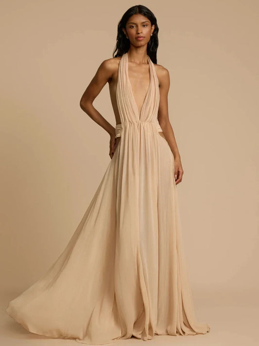 Apricot & Claret Deep V-Neck Backless Pleated Long Dress