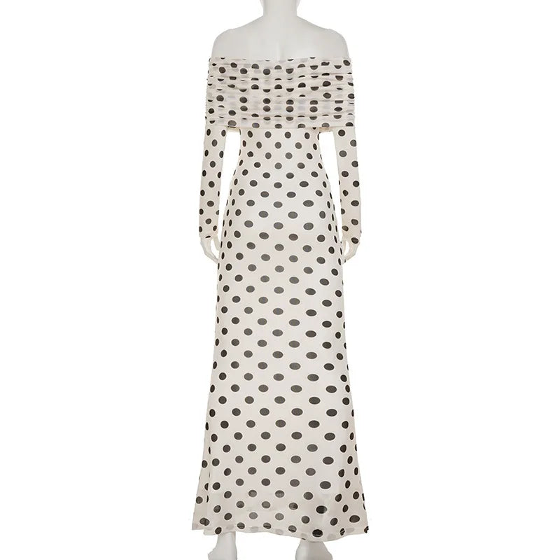 Polka Dot Slash Neck Maxi Dress | Off-Shoulder Autumn Edit