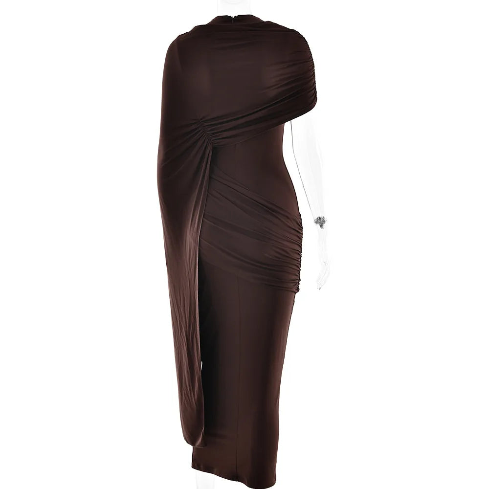 Brown Draped Stand-Neck Cape Sleeve Maxi Dress
