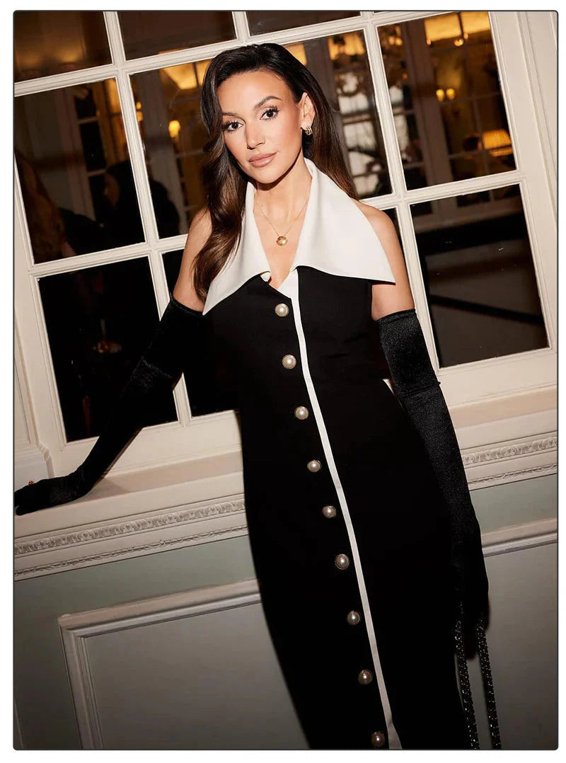 Contrast Collar Pearl-Button Column Evening Dress