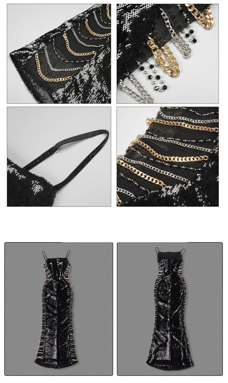 Black Sequin Side-Chain Cut-Out Sculpted Maxi Dress