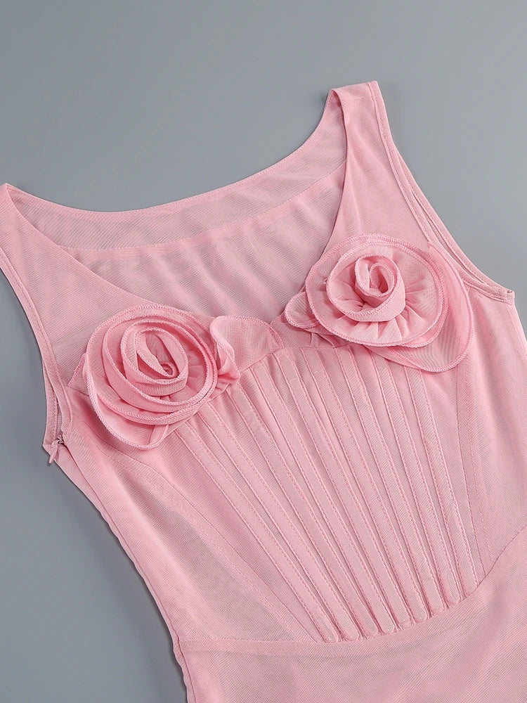 Pink Sling Patchwork Flower Dress | Sleeveless Midi Gown