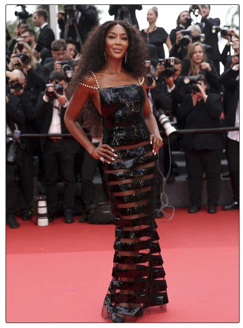 Black Sequin Mesh Strap Gown with Pearl Shoulder Chain