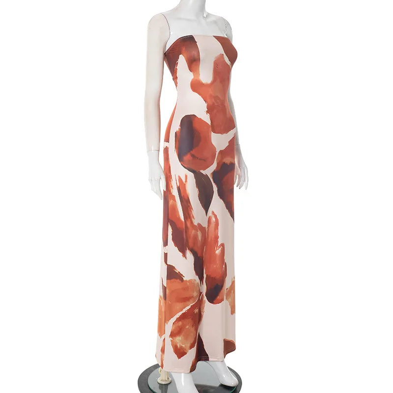 Elegant Strapless Abstract Print Maxi Dress