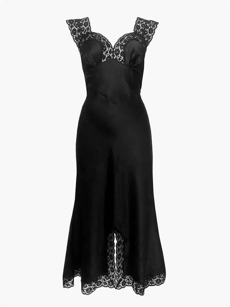 Patchwork Satin Lace Maxi Dress – Elegant V-Neck Evening Gown