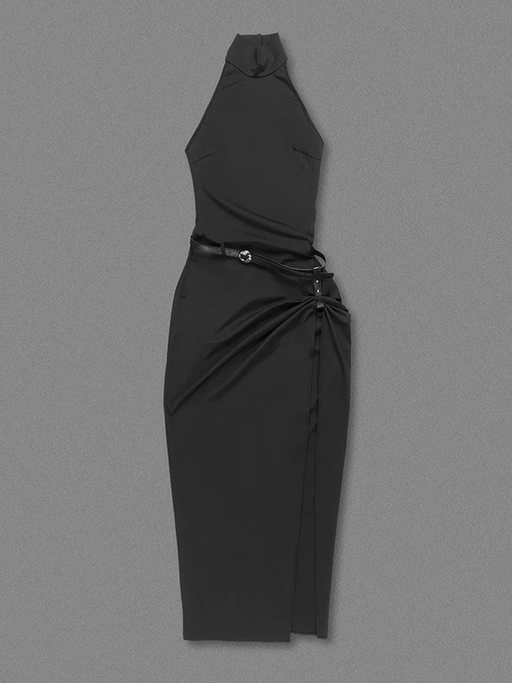 Black Backless Halter Belt Slit Ankle Dress