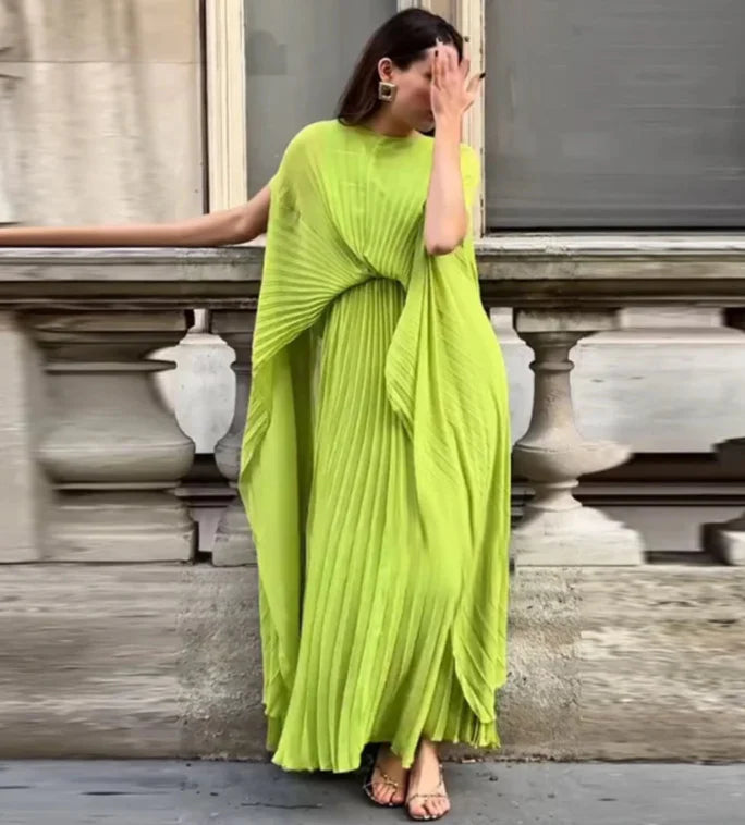 Chic Lime Green Pleated Maxi Dress – Backless